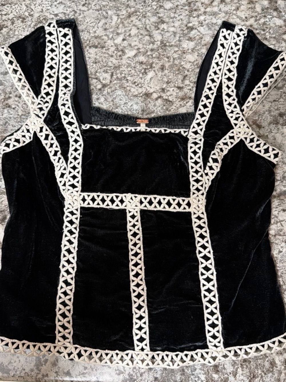 Free People Black Velvet Top with White Crochet Trim